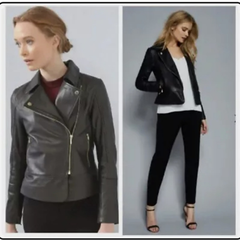 NWT TED BAKER Lizia Black Leather Lambskin Moto Zip Collared Jacket Sz 1